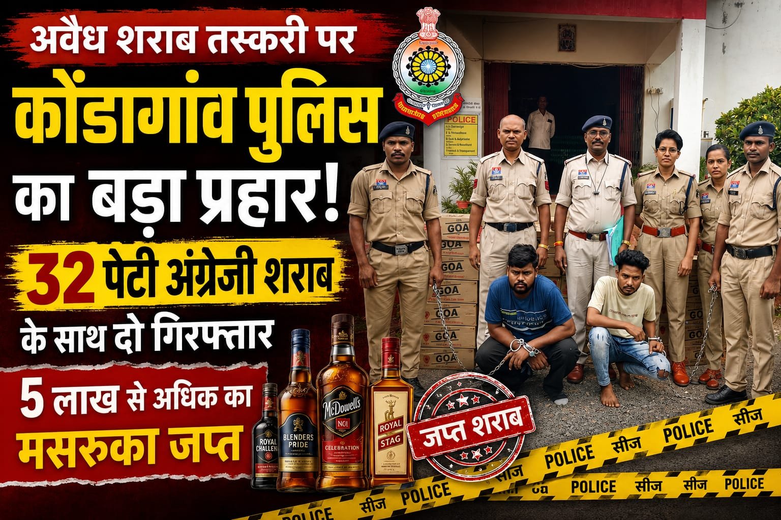कोंडागांव पुलिस की बड़ी कार्रवाई, 32 पेटी अंग्रेजी शराब के साथ दो तस्कर गिरफ्तार, 5.24 लाख की संपत्ति जब्त