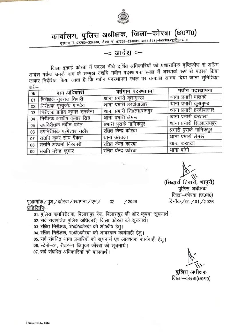 नया साल में बदले गए थाना चौकी प्रभारी, 4 निरीक्षक, 2 उप निरीक्षक और 3 सहायक उप निरीक्षकों का तबादला   